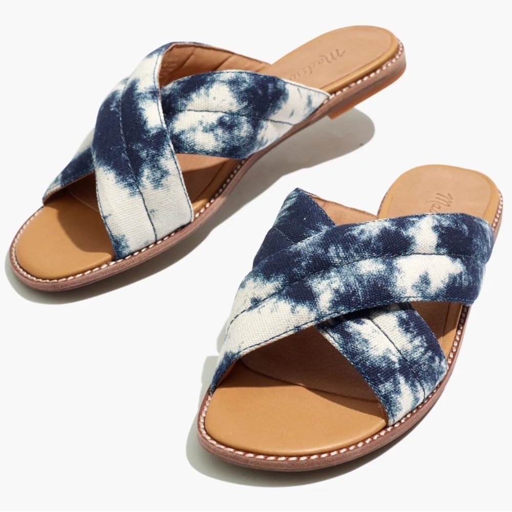 Madewell The Skyler Slide Sandal In Tie-Dye Recycled Canvas Blue/White/Tan SZ 8